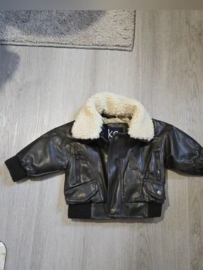Baby KC Collections Sherpa Collar Faux Brown Leather Bomber Jacket SIZE 12MONTHS